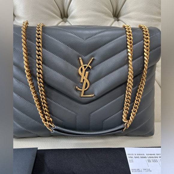 NWT Saint Laurent LouLou Storm Gray Leather Medium Shoulder Bag Gold HW - Picture 5 of 13